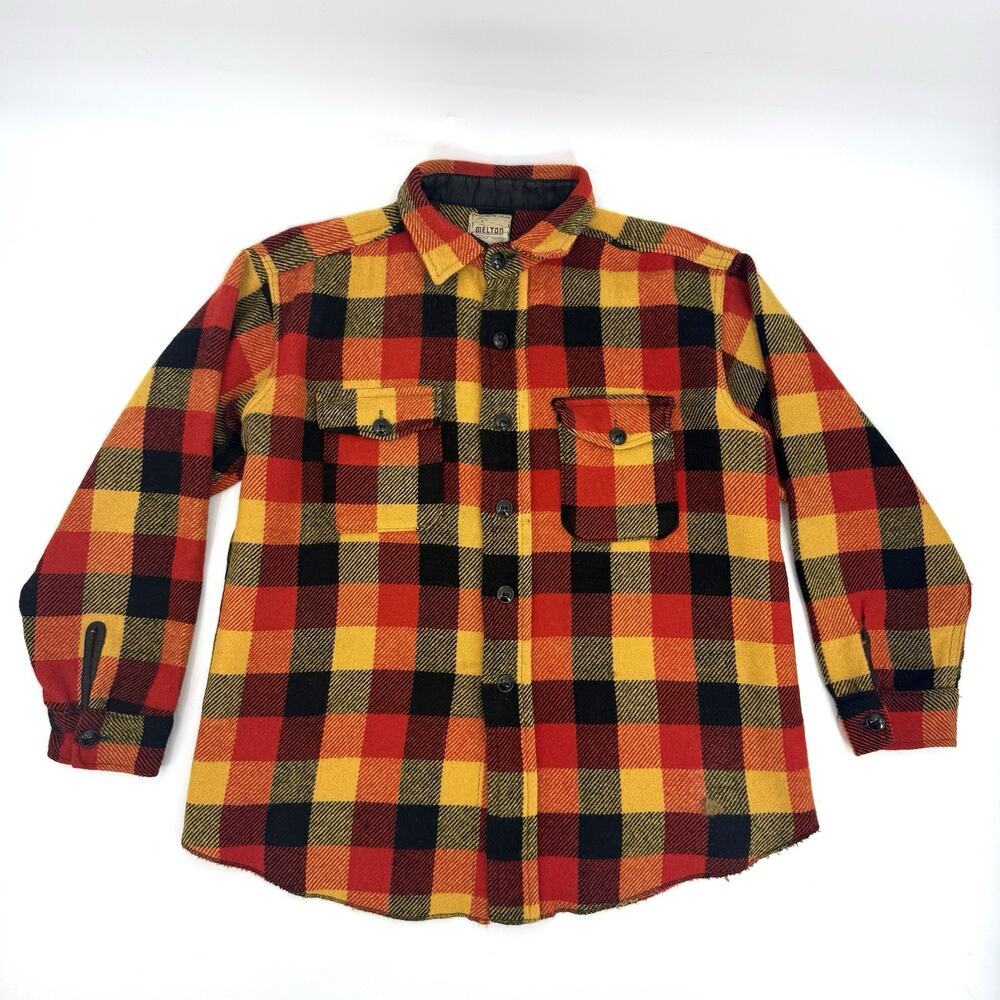Vintage 6070s Melton Wool Flannel Shirt USA Made Mens Size XL Gorp Buffalo Plaid